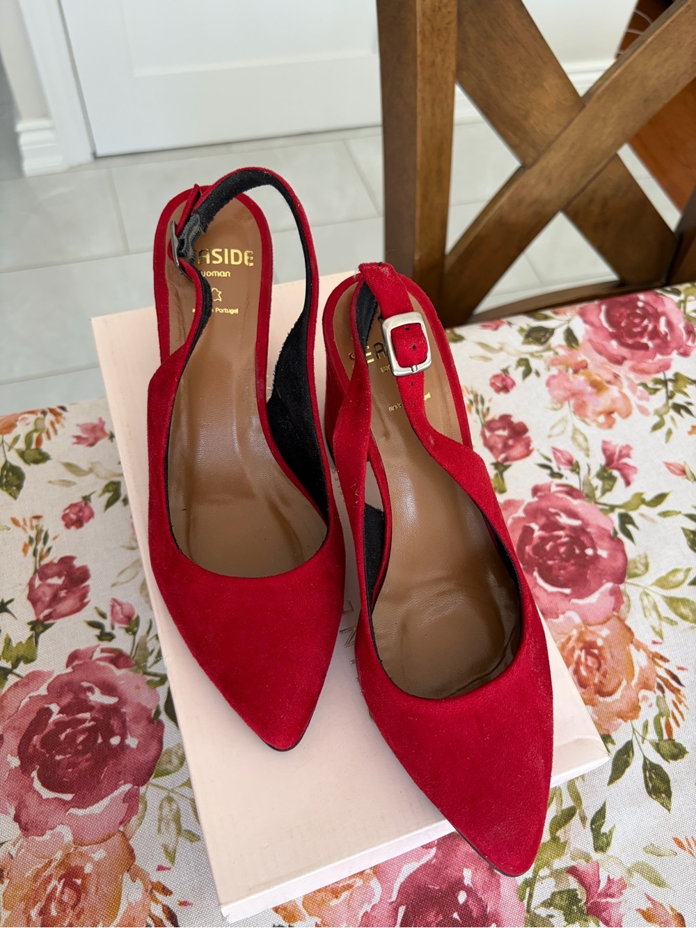 Red Suede Pointed-Toe Slingback Heels